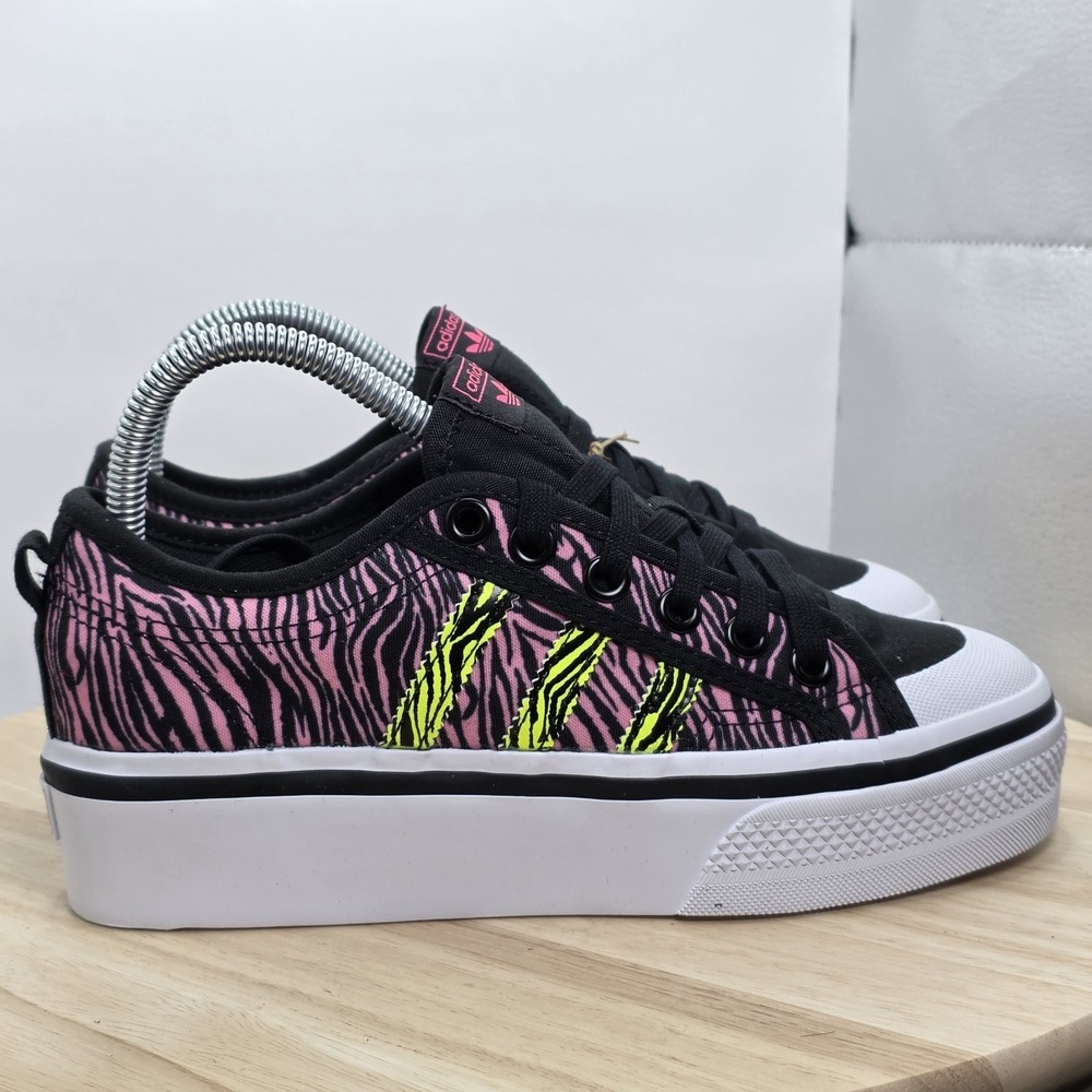 Women's Size 7 -Adidas Originals Nizza Platform Black Pink Zebra Lace Sneakers - Picture 3 of 9